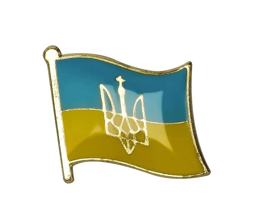Ukraine Flaggen-Pin mit Staatswappen – Anstecknadel Tryzub Wappen Gold-Optik