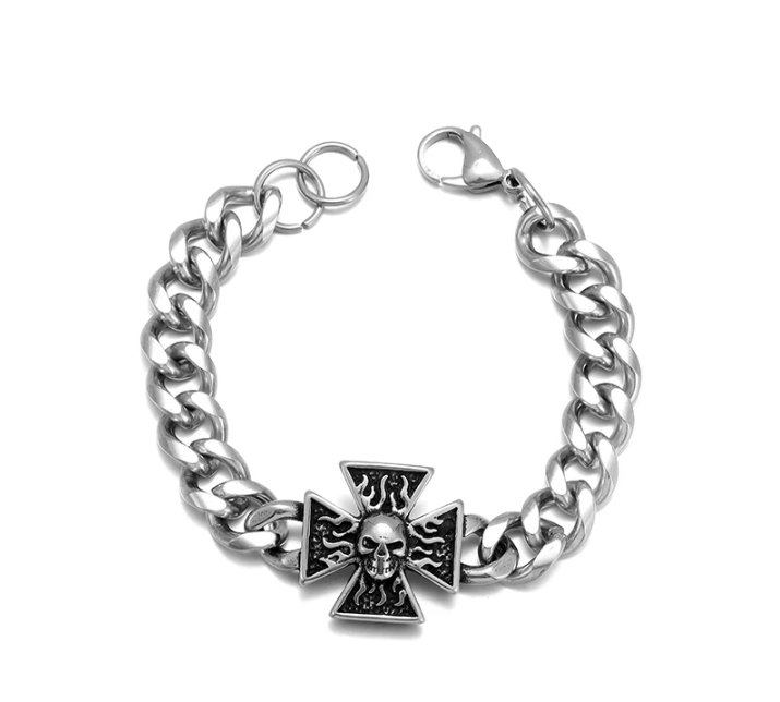 Kubanisches Armband Eisernes Kreuz Totenkopf Gliederkette Silber 21,5 cm