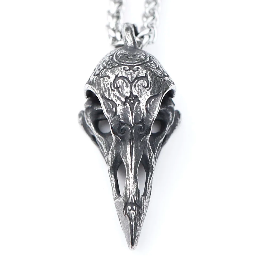 Nordische Halskette Rabe Schädel Wikinger Anhänger Kette Edelstahl silber 60 cm