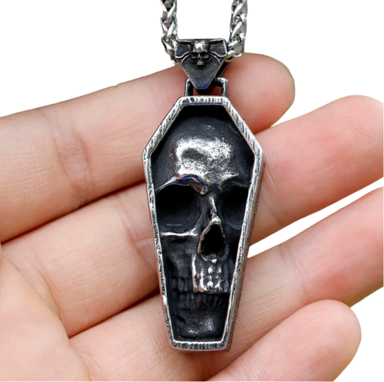 Totenkopf Halskette Schädel Sarg Gothik Punk Skelett Edelstahl silber 60 cm