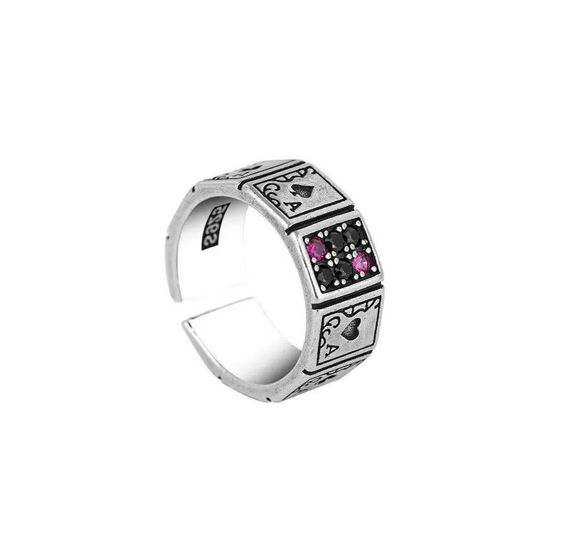 Ring Poker Spielkarten Strasssteine schwarz pink silber Größenverstellbar